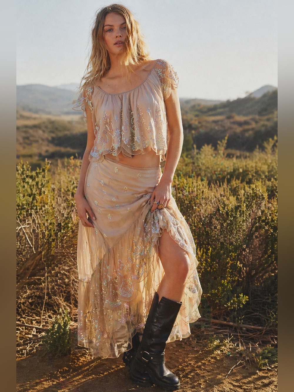 Free People Ciara Shimmer Midi Skirt Set